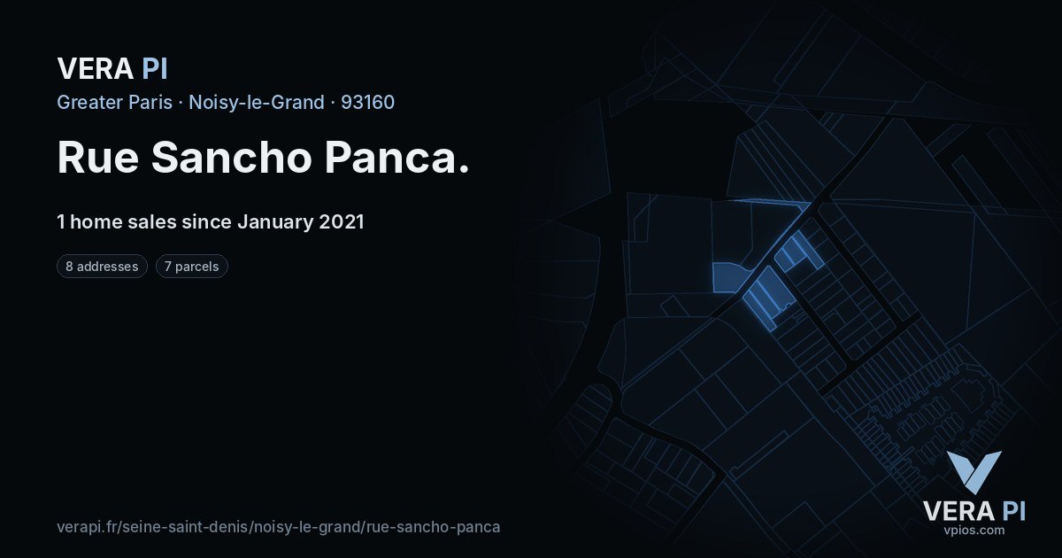 Rue Sancho Panca, Noisy-le-Grand at night – every parcel coloured by the prices around it, the street's own parcels lit