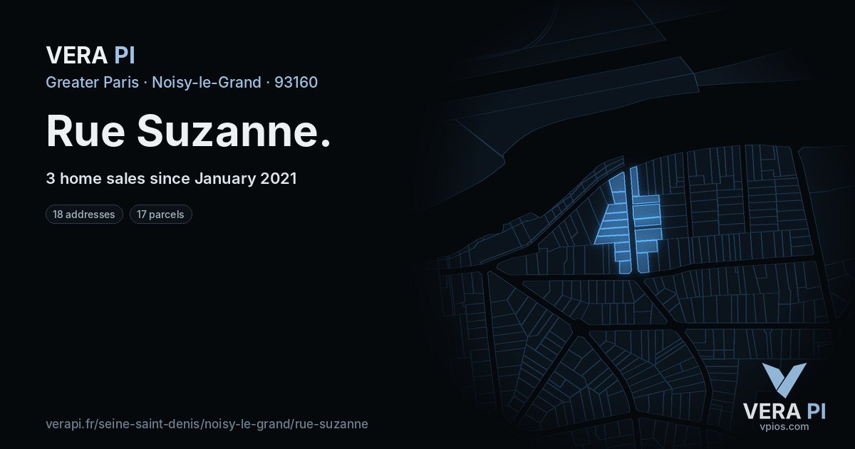 Rue Suzanne, Noisy-le-Grand at night – every parcel coloured by the prices around it, the street's own parcels lit