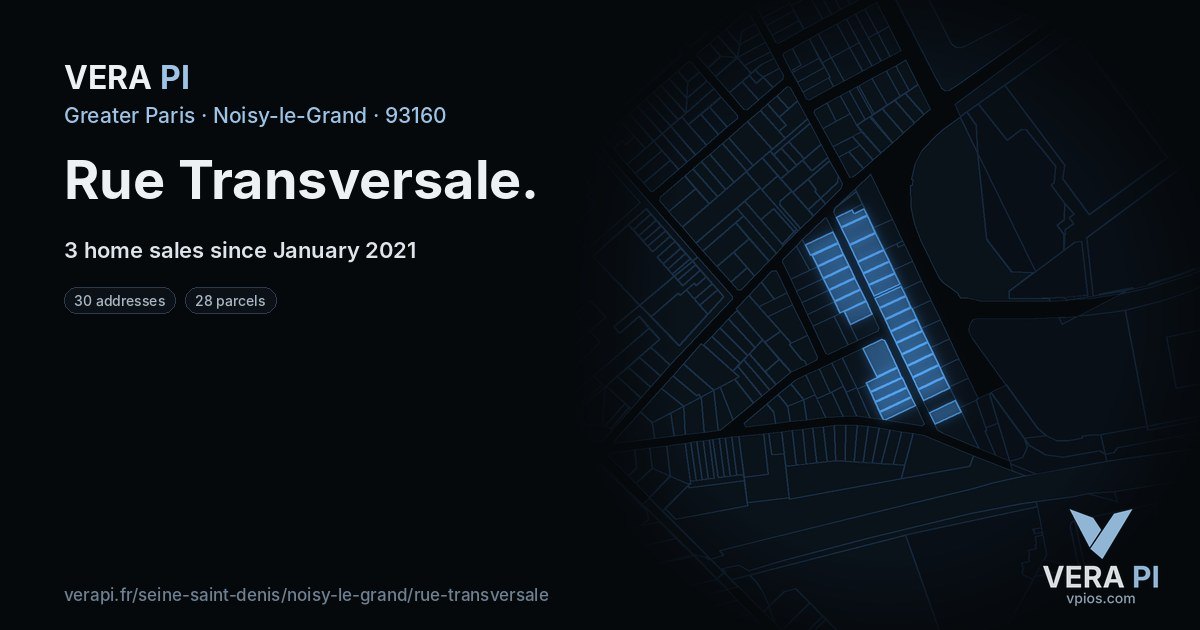 Rue Transversale, Noisy-le-Grand at night – every parcel coloured by the prices around it, the street's own parcels lit