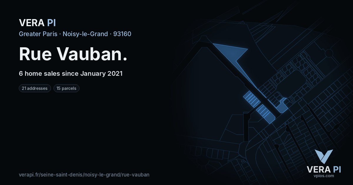Rue Vauban, Noisy-le-Grand at night – every parcel coloured by the prices around it, the street's own parcels lit