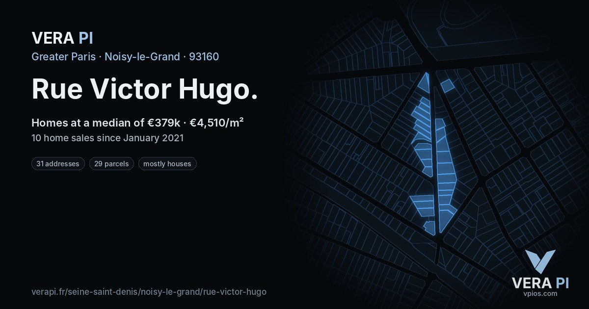 Rue Victor Hugo, Noisy-le-Grand at night – every parcel coloured by the prices around it, the street's own parcels lit