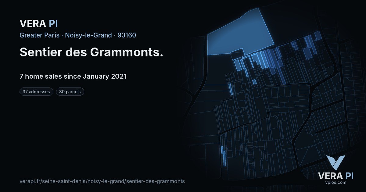 Sentier des Grammonts, Noisy-le-Grand at night – every parcel coloured by the prices around it, the street's own parcels lit