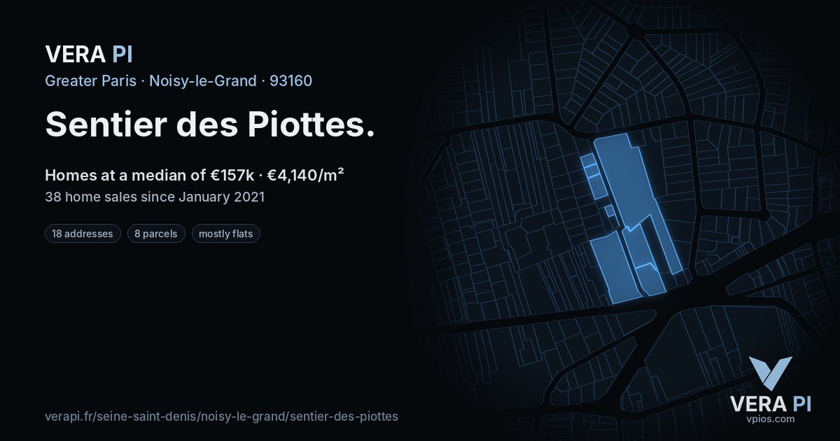 Sentier des Piottes, Noisy-le-Grand at night – every parcel coloured by the prices around it, the street's own parcels lit