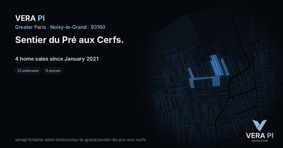 Sentier du Pré aux Cerfs, Noisy-le-Grand at night – every parcel coloured by the prices around it, the street's own parcels lit