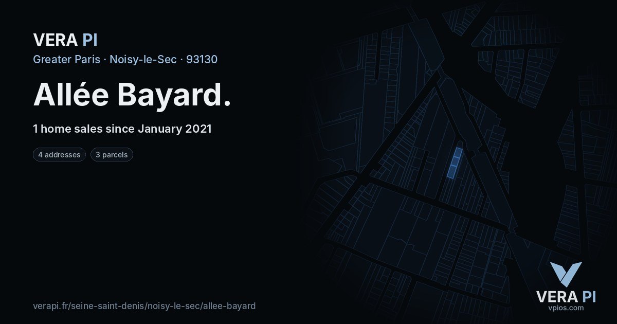 Allée Bayard, Noisy-le-Sec at night – every parcel coloured by the prices around it, the street's own parcels lit