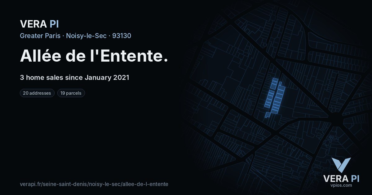 Allée de l'Entente, Noisy-le-Sec at night – every parcel coloured by the prices around it, the street's own parcels lit