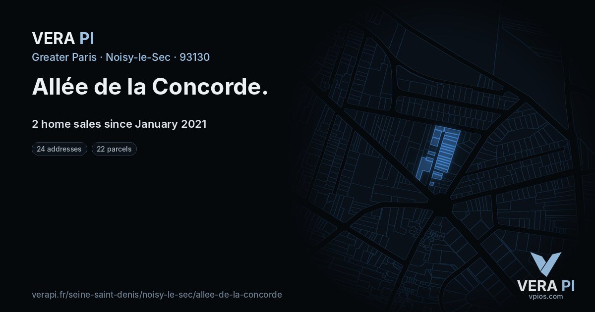 Allée de la Concorde, Noisy-le-Sec at night – every parcel coloured by the prices around it, the street's own parcels lit