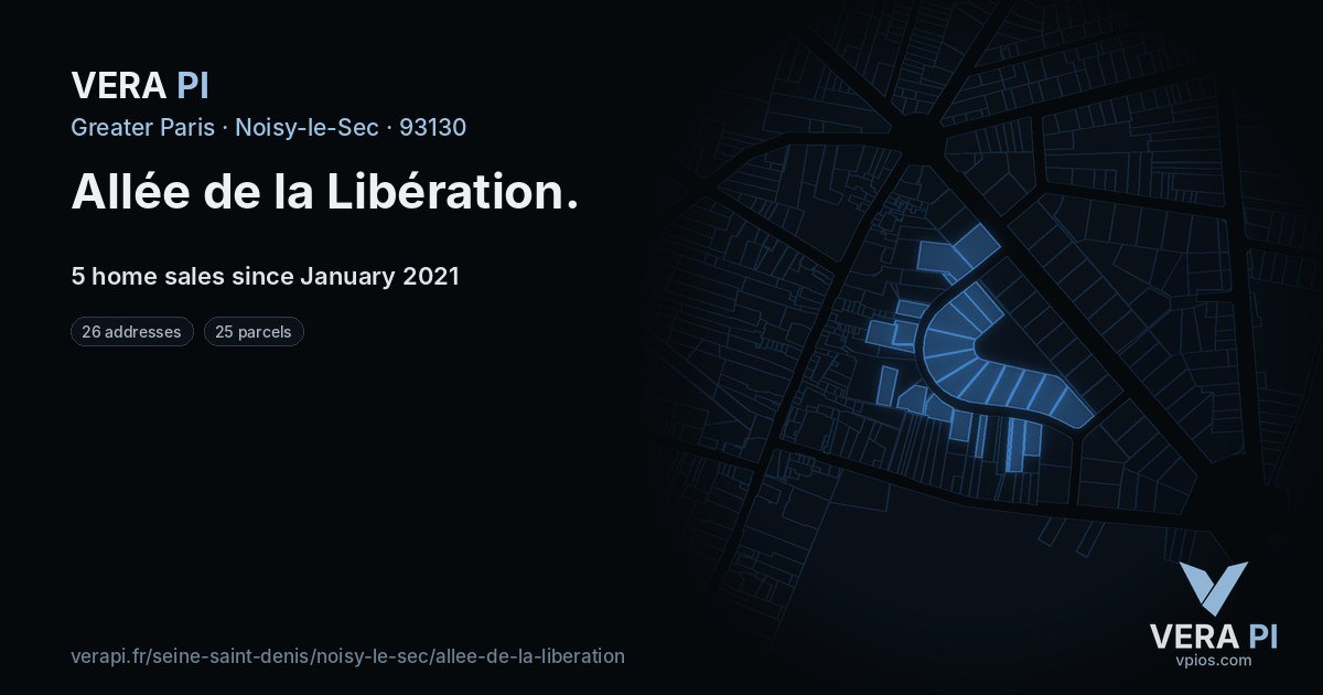Allée de la Libération, Noisy-le-Sec at night – every parcel coloured by the prices around it, the street's own parcels lit