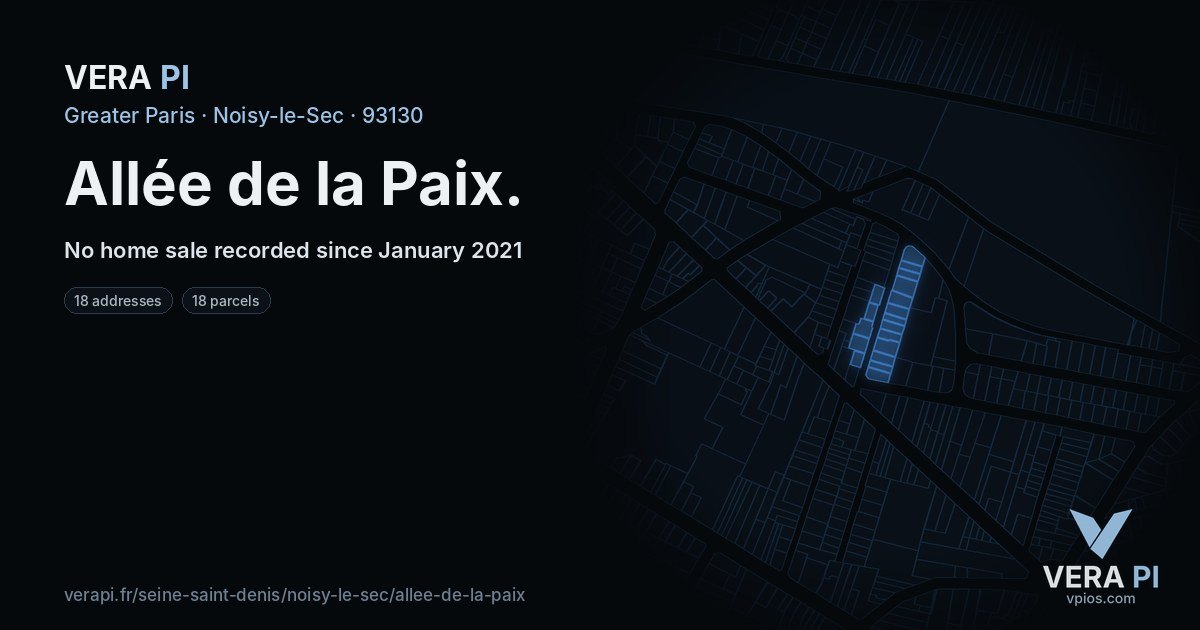 Allée de la Paix, Noisy-le-Sec at night – every parcel coloured by the prices around it, the street's own parcels lit
