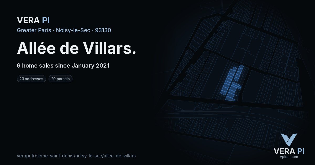 Allée de Villars, Noisy-le-Sec at night – every parcel coloured by the prices around it, the street's own parcels lit