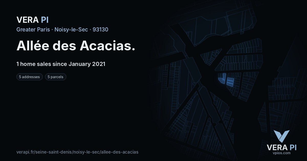 Allée des Acacias, Noisy-le-Sec at night – every parcel coloured by the prices around it, the street's own parcels lit