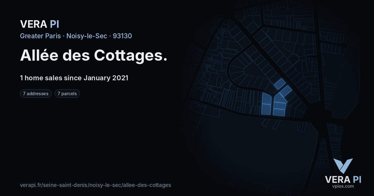 Allée des Cottages, Noisy-le-Sec at night – every parcel coloured by the prices around it, the street's own parcels lit