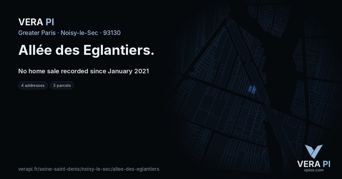 Allée des Eglantiers, Noisy-le-Sec at night – every parcel coloured by the prices around it, the street's own parcels lit