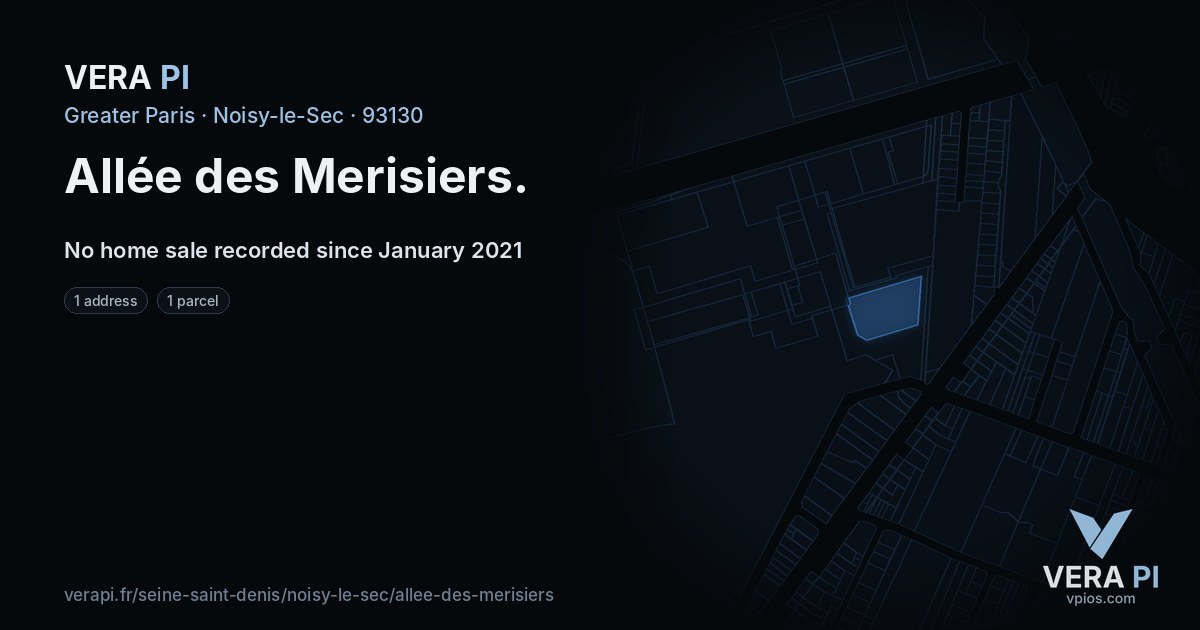 Allée des Merisiers, Noisy-le-Sec at night – every parcel coloured by the prices around it, the street's own parcels lit