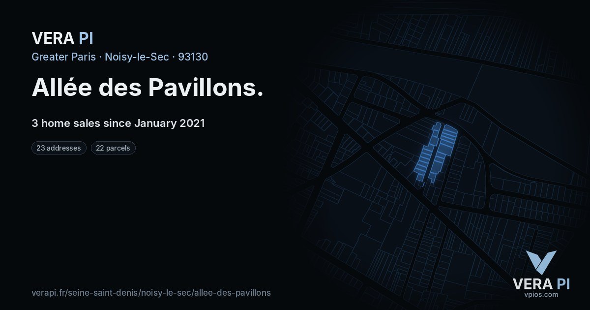 Allée des Pavillons, Noisy-le-Sec at night – every parcel coloured by the prices around it, the street's own parcels lit