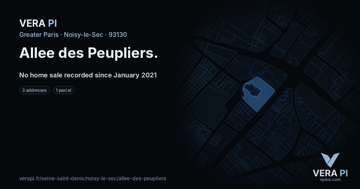 Allee des Peupliers, Noisy-le-Sec at night – every parcel coloured by the prices around it, the street's own parcels lit