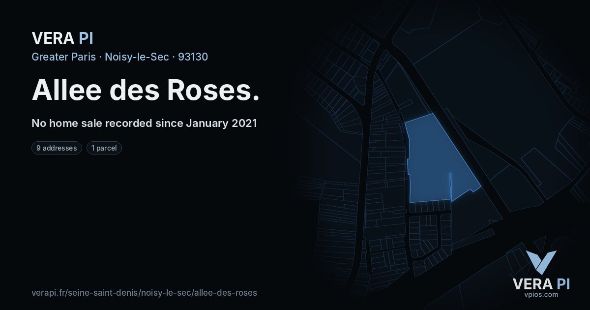 Allee des Roses, Noisy-le-Sec at night – every parcel coloured by the prices around it, the street's own parcels lit