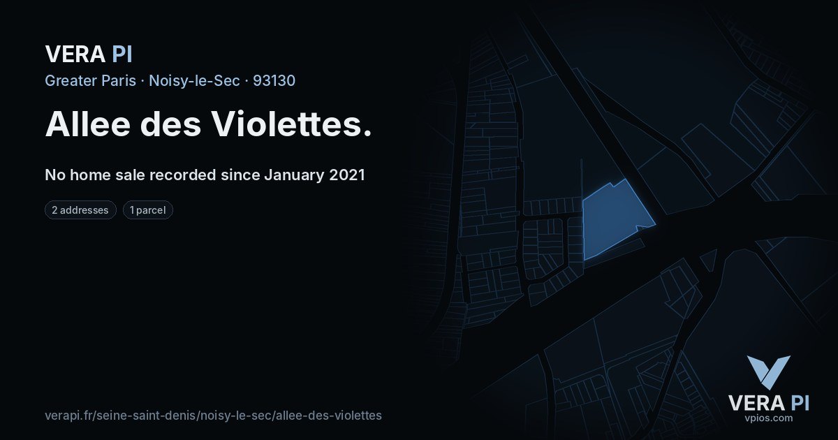 Allee des Violettes, Noisy-le-Sec at night – every parcel coloured by the prices around it, the street's own parcels lit