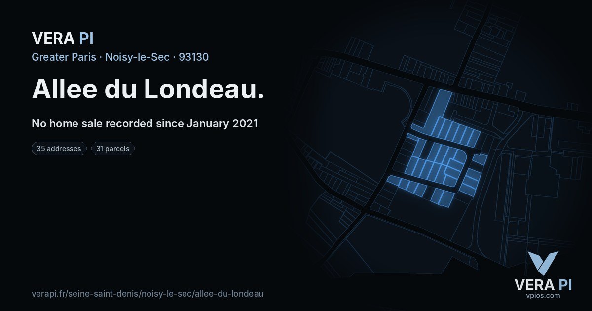 Allee du Londeau, Noisy-le-Sec at night – every parcel coloured by the prices around it, the street's own parcels lit