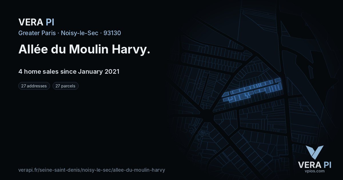 Allée du Moulin Harvy, Noisy-le-Sec at night – every parcel coloured by the prices around it, the street's own parcels lit