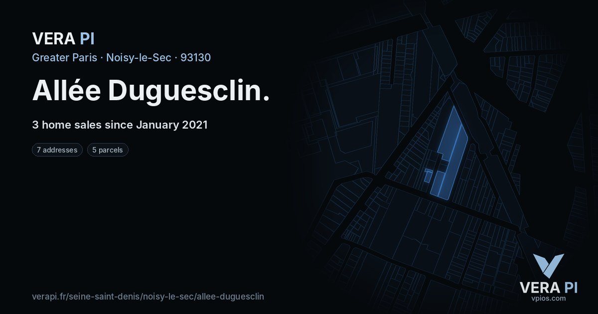 Allée Duguesclin, Noisy-le-Sec at night – every parcel coloured by the prices around it, the street's own parcels lit