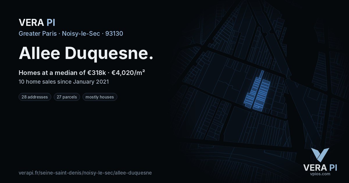 Allee Duquesne, Noisy-le-Sec at night – every parcel coloured by the prices around it, the street's own parcels lit