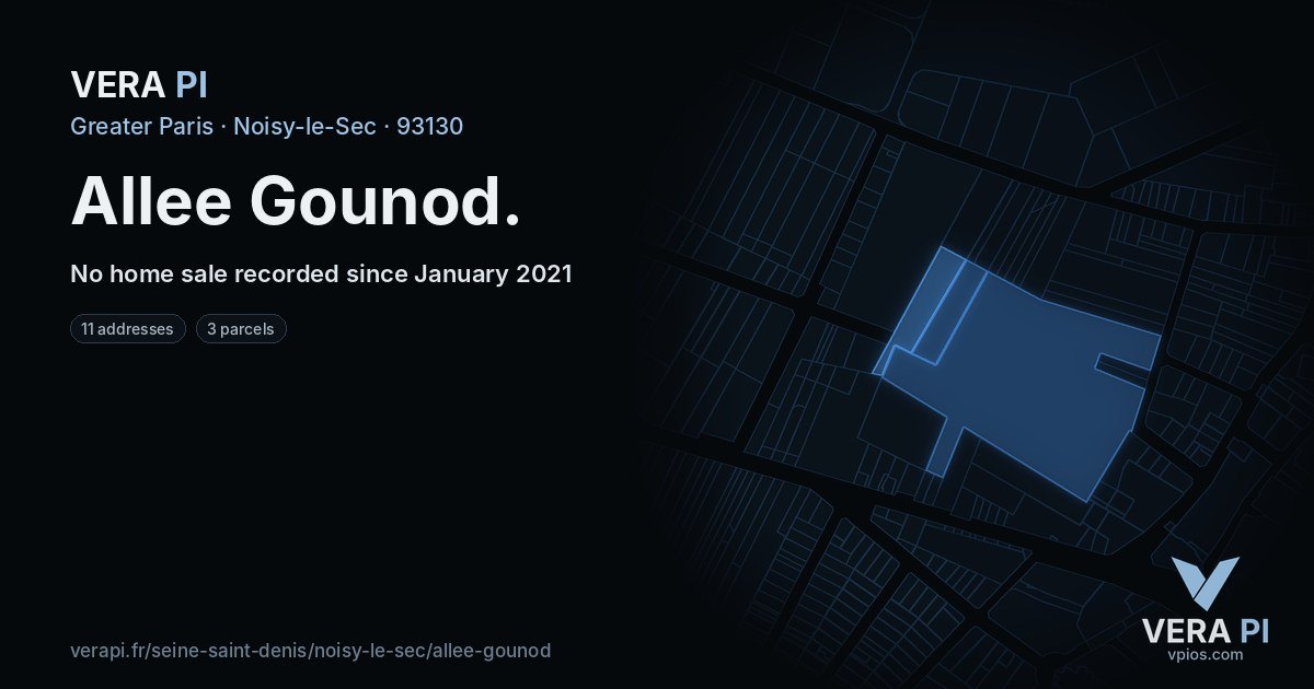 Allee Gounod, Noisy-le-Sec at night – every parcel coloured by the prices around it, the street's own parcels lit