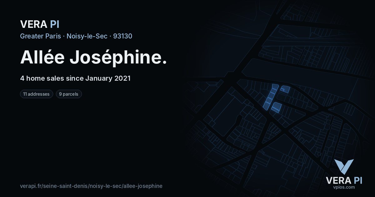 Allée Joséphine, Noisy-le-Sec at night – every parcel coloured by the prices around it, the street's own parcels lit