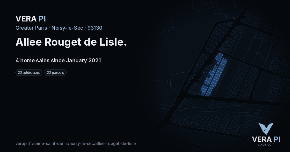 Allee Rouget de Lisle, Noisy-le-Sec at night – every parcel coloured by the prices around it, the street's own parcels lit