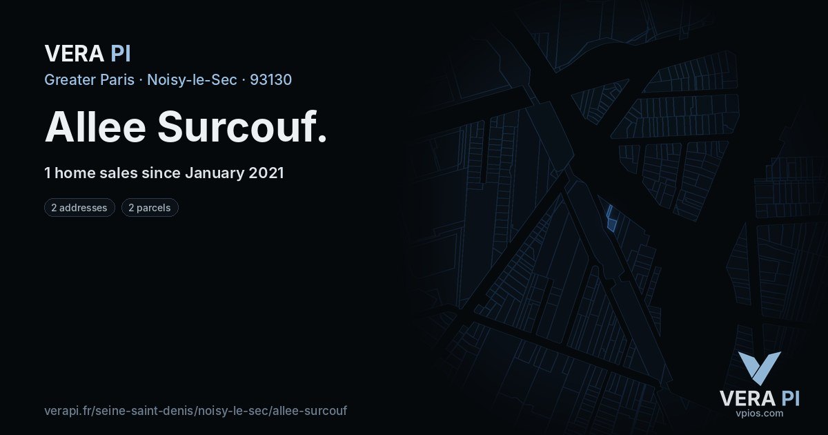 Allee Surcouf, Noisy-le-Sec at night – every parcel coloured by the prices around it, the street's own parcels lit