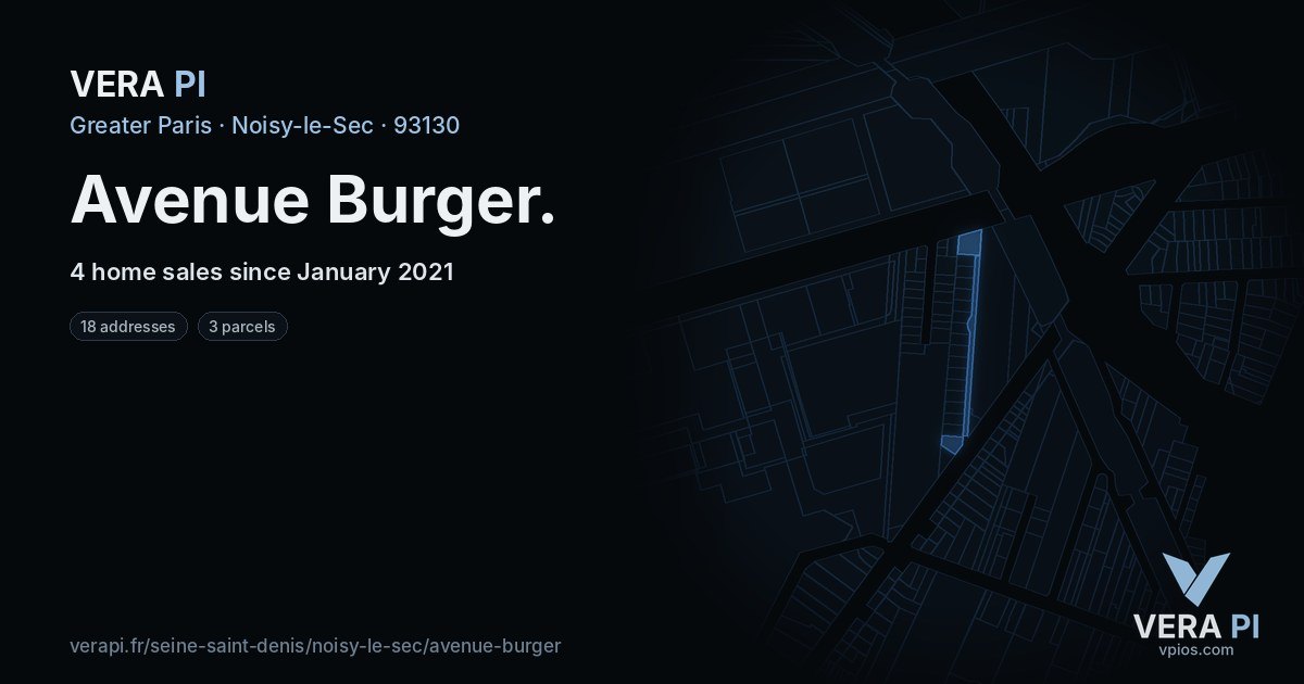 Avenue Burger, Noisy-le-Sec at night – every parcel coloured by the prices around it, the street's own parcels lit