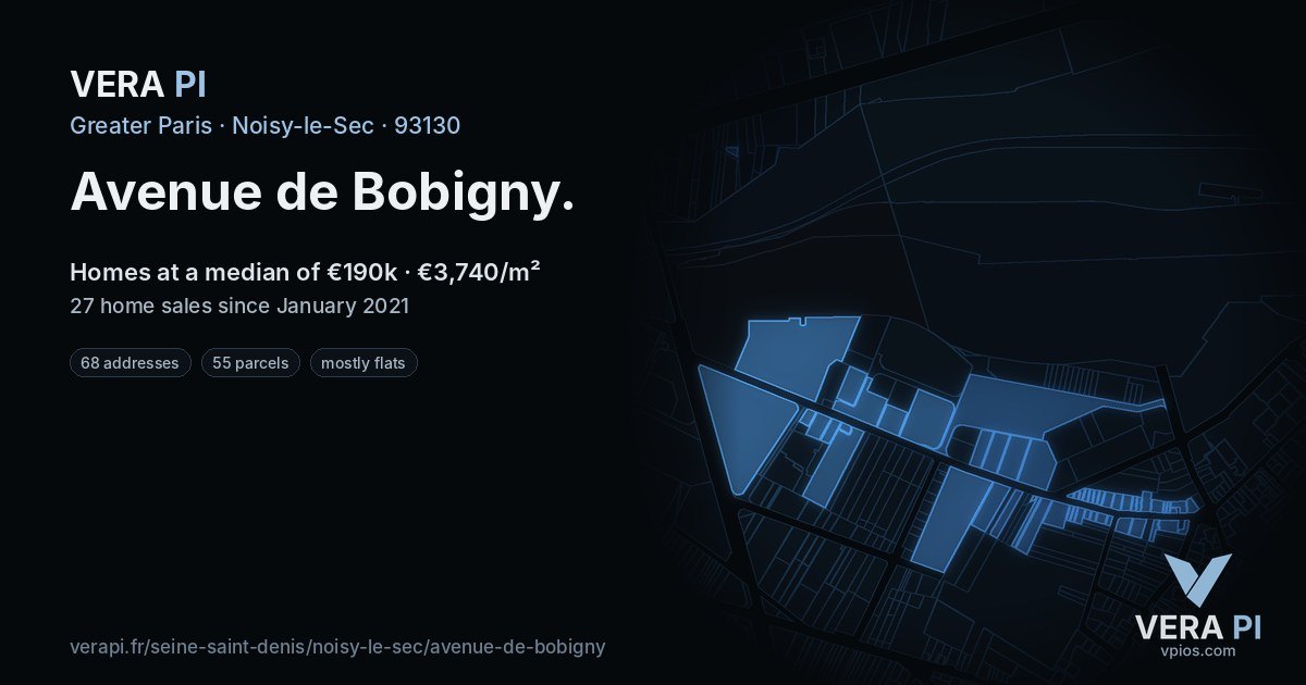 Avenue de Bobigny, Noisy-le-Sec at night – every parcel coloured by the prices around it, the street's own parcels lit