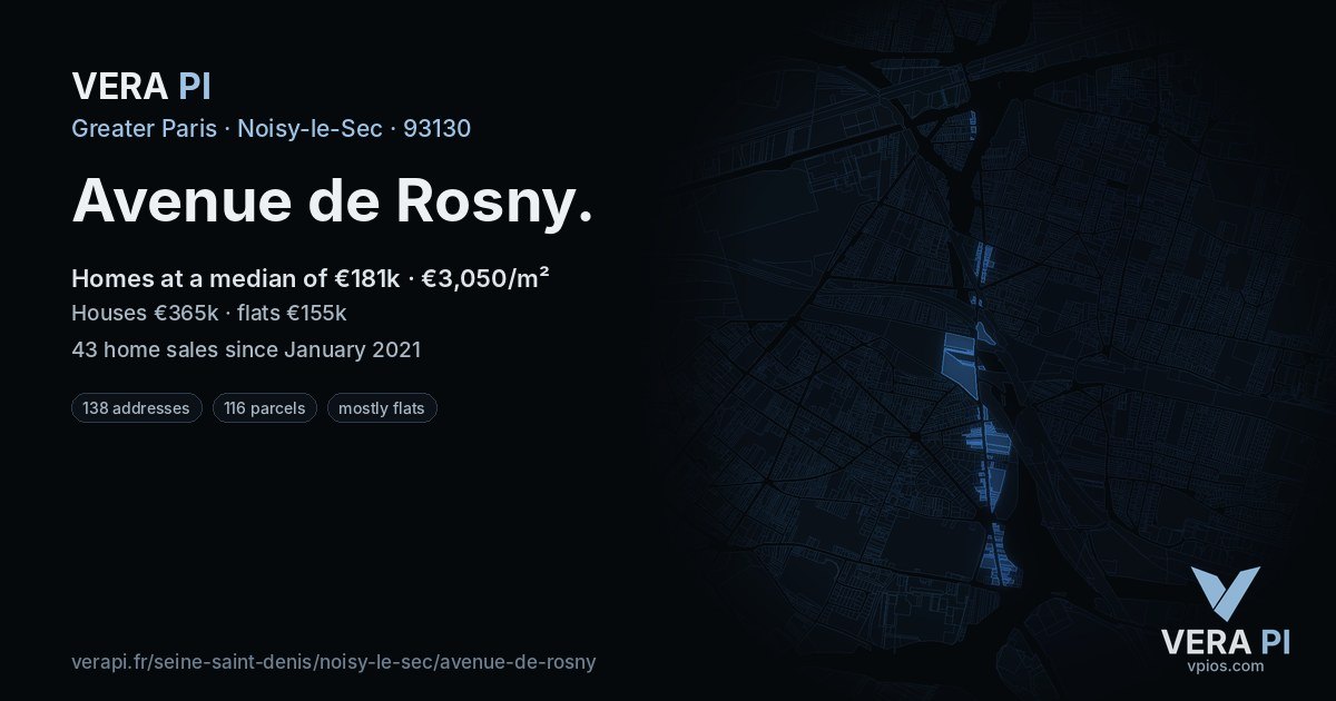Avenue de Rosny, Noisy-le-Sec at night – every parcel coloured by the prices around it, the street's own parcels lit