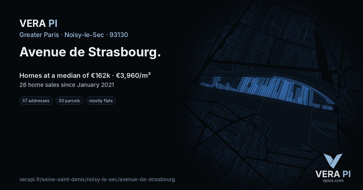 Avenue de Strasbourg, Noisy-le-Sec at night – every parcel coloured by the prices around it, the street's own parcels lit