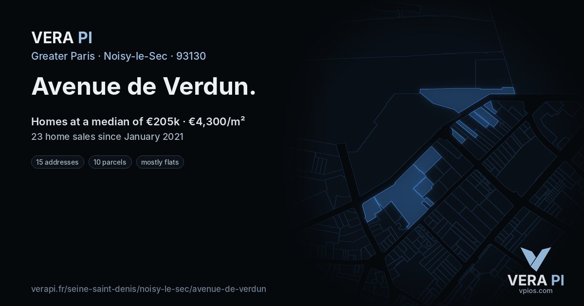 Avenue de Verdun, Noisy-le-Sec at night – every parcel coloured by the prices around it, the street's own parcels lit