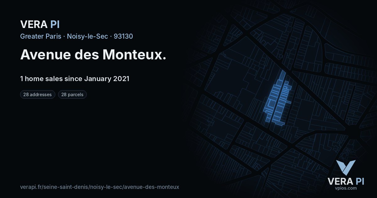 Avenue des Monteux, Noisy-le-Sec at night – every parcel coloured by the prices around it, the street's own parcels lit