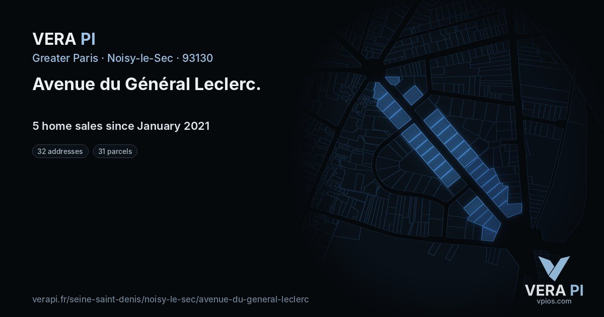 Avenue du Général Leclerc, Noisy-le-Sec at night – every parcel coloured by the prices around it, the street's own parcels lit