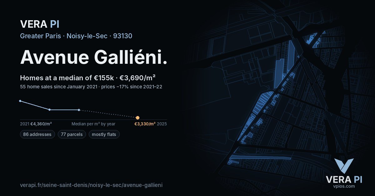 Avenue Galliéni, Noisy-le-Sec at night – every parcel coloured by the prices around it, the street's own parcels lit
