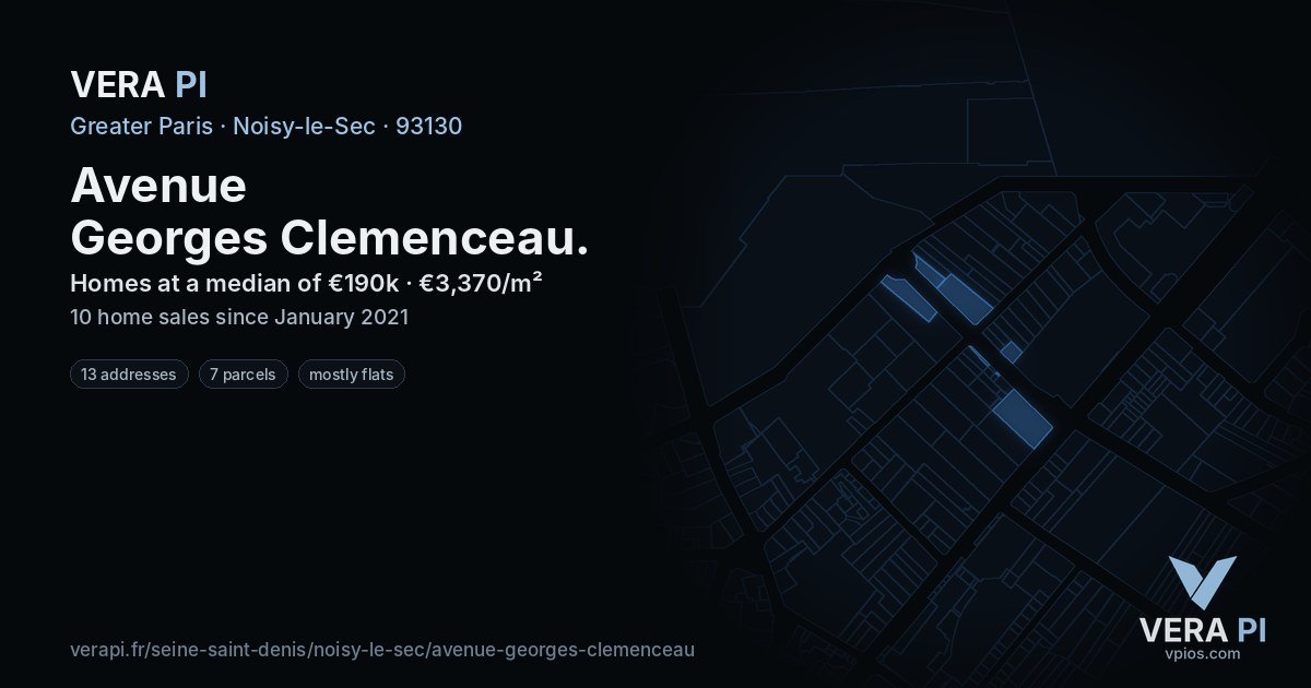 Avenue Georges Clemenceau, Noisy-le-Sec at night – every parcel coloured by the prices around it, the street's own parcels lit