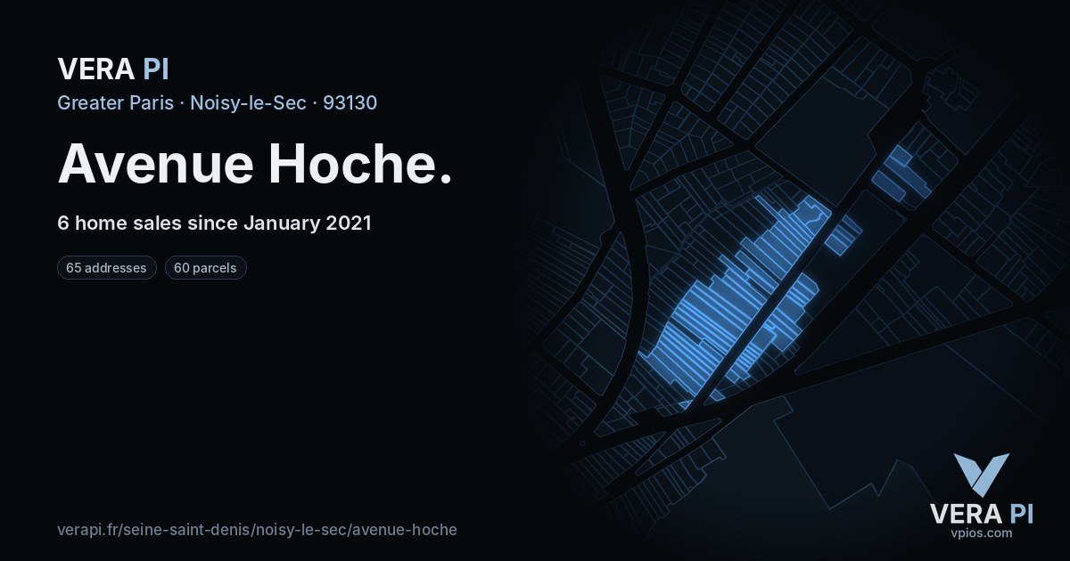 Avenue Hoche, Noisy-le-Sec at night – every parcel coloured by the prices around it, the street's own parcels lit