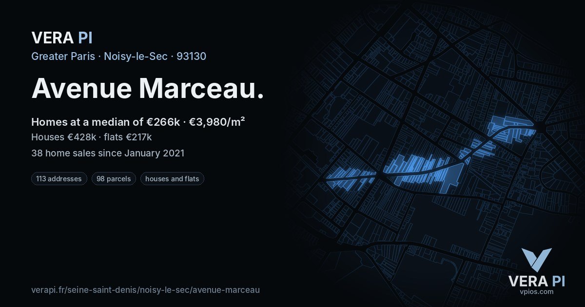Avenue Marceau, Noisy-le-Sec at night – every parcel coloured by the prices around it, the street's own parcels lit