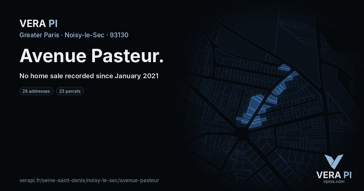 Avenue Pasteur, Noisy-le-Sec at night – every parcel coloured by the prices around it, the street's own parcels lit
