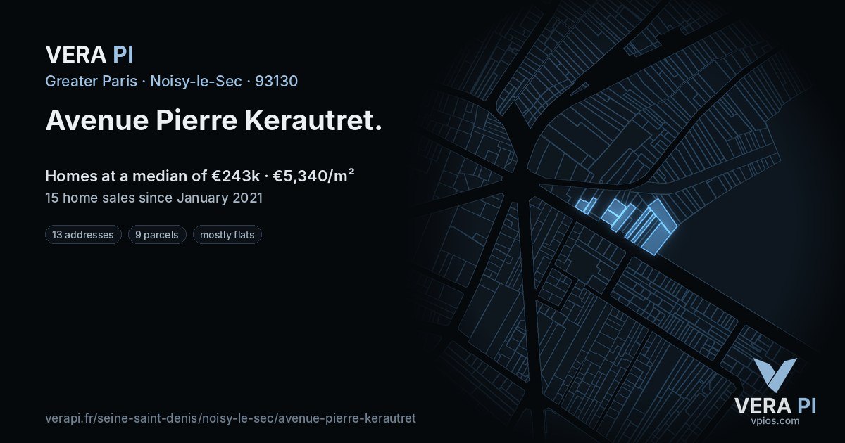 Avenue Pierre Kerautret, Noisy-le-Sec at night – every parcel coloured by the prices around it, the street's own parcels lit