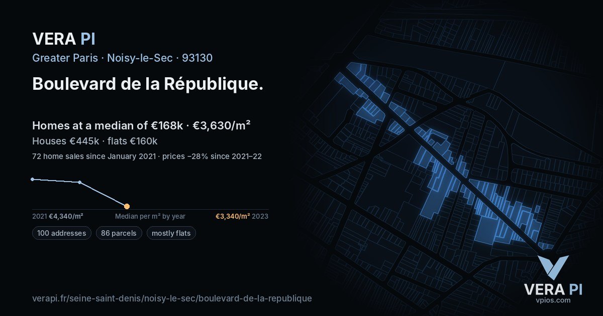 Boulevard de la République, Noisy-le-Sec at night – every parcel coloured by the prices around it, the street's own parcels lit