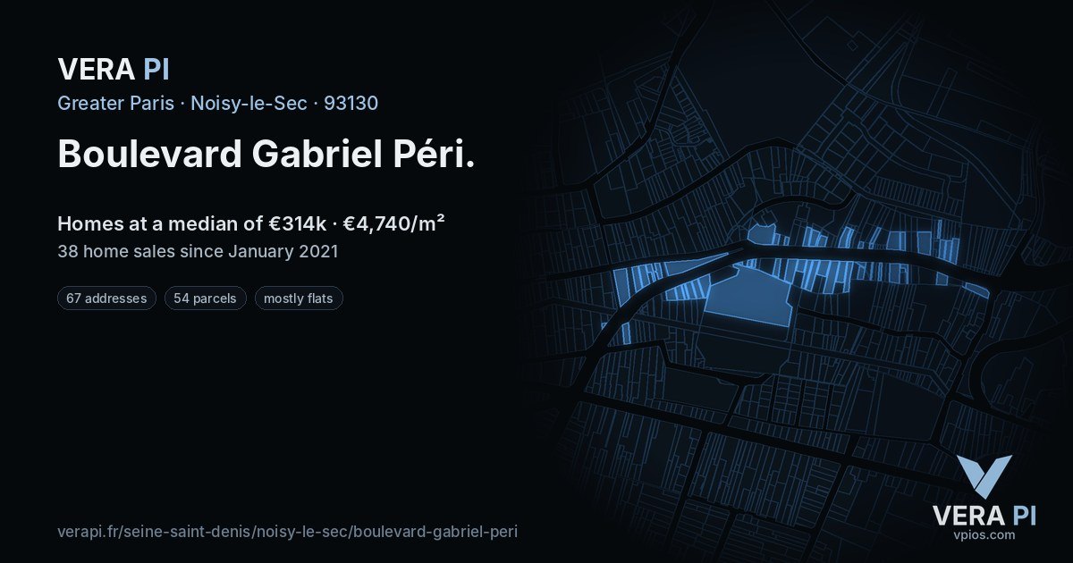 Boulevard Gabriel Péri, Noisy-le-Sec at night – every parcel coloured by the prices around it, the street's own parcels lit