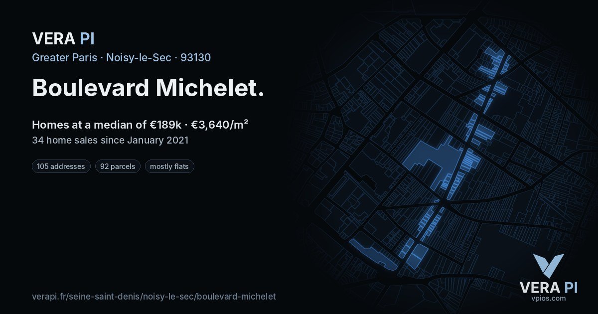 Boulevard Michelet, Noisy-le-Sec at night – every parcel coloured by the prices around it, the street's own parcels lit