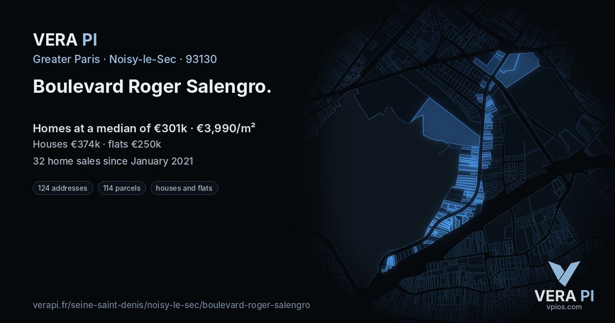 Boulevard Roger Salengro, Noisy-le-Sec at night – every parcel coloured by the prices around it, the street's own parcels lit