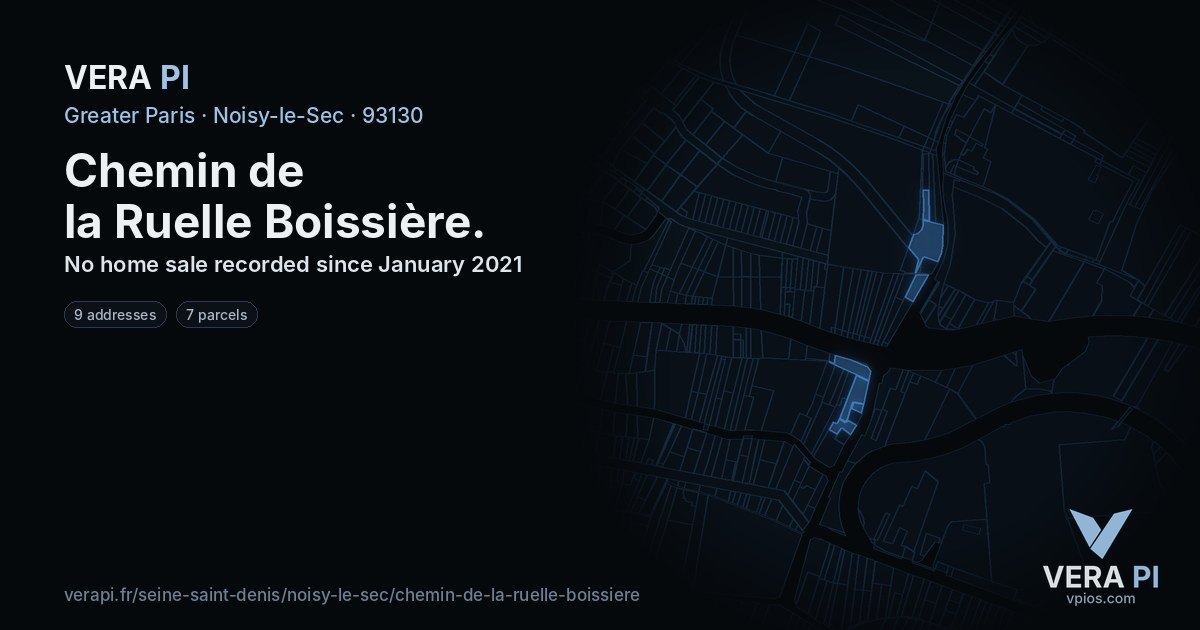 Chemin de la Ruelle Boissière, Noisy-le-Sec at night – every parcel coloured by the prices around it, the street's own parcels lit