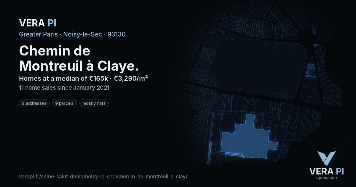 Chemin de Montreuil à Claye, Noisy-le-Sec at night – every parcel coloured by the prices around it, the street's own parcels lit