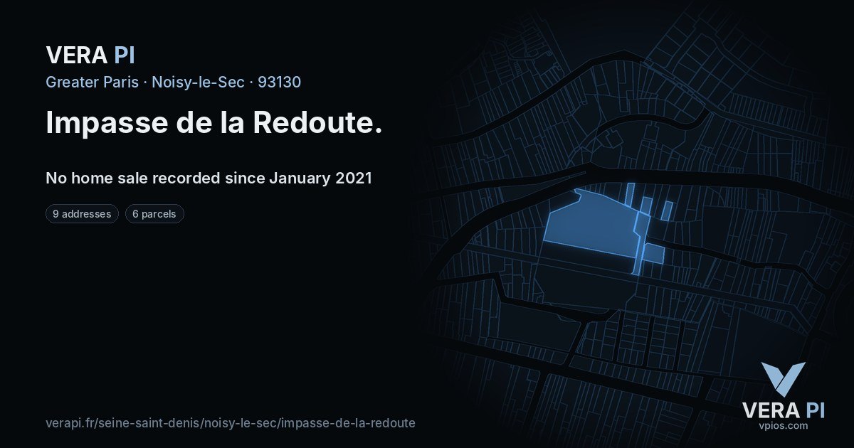 Impasse de la Redoute, Noisy-le-Sec at night – every parcel coloured by the prices around it, the street's own parcels lit